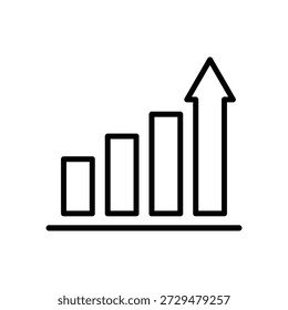 A simple black and white line art illustration depicting a bar graph where each successive bar is taller than the last, signifying an upward trend or growth. An arrow points upwards from the tallest bar, further emphasizing progress and positive development. This graphic is often used to represent business growth, financial performance, data analysis, or overall success.