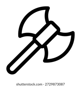 A simple black and white line art icon of an axe. The minimalist design features a curved blade and a straight handle, rendered in a clean sketch style. This isolated graphic symbol is ideal for representing tools, forestry, woodworking, camping, construction, and weaponry.