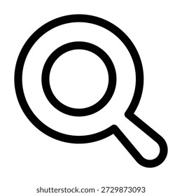 Um simples ícone de arte em preto e branco de uma lupa. O design minimalista apresenta uma lente circular e um cabo curvo, desenhado com traços limpos. Este símbolo gráfico isolado é ideal para representar pesquisa, zoom, inspeção, investigação e clareza em interfaces de usuário e materiais educacionais.