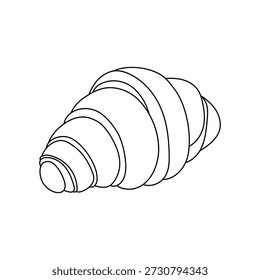 Simples ilustração em preto e branco de um croissant recém-assado, mostrando sua forma icônica crescente e camadas escamosas, sobre um fundo limpo.