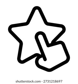 A simple black and white line art illustration showing a hand cursor clicking on a five-pointed star. This icon symbolizes rating, liking, favoriting, and user interface interactions on digital platforms.