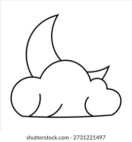 Uma simples ilustração de arte em preto e branco representando uma lua crescente espreitando por trás de uma nuvem fofa, representando a noite ou o tempo.
