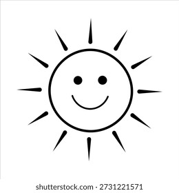 Simple black and white line art illustration of a smiling sun, radiating warmth and happiness, perfect for a cheerful design.
