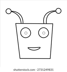 Una simple ilustración de arte lineal en blanco y negro de una cara alienígena o robot de dibujos animados amigable y sonriente con dos ojos Grandes y antenas.