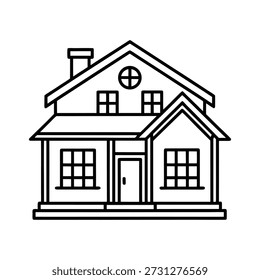 Ein einfaches Kunstsymbol mit schwarz-weißer Linie, das ein zweistöckiges Haus mit einem Schornstein und mehreren Fenstern darstellt, einzeln auf weißem Hintergrund.
