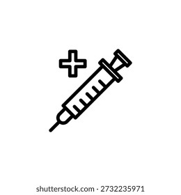 A simple black and white line art icon depicting a medical syringe with a small plus sign, symbolizing health, injection, or vaccination.
