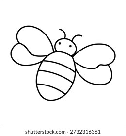 A simple black and white line art illustration of a cartoon bee with striped body and wings, depicted in a minimalist, childlike drawing style.