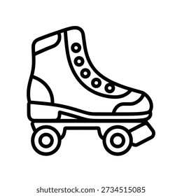 Eine einfache Schwarz-Weiß-Linie Kunstdarstellung eines Rollschuhs, mit Schnürsenkeln, einem hohen Knöchel und vier Rädern.