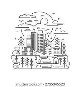 Simple black and white line art illustration shows a harmonious blend of urban and natural scenery with buildings, trees, and birds under a sunny sky.
