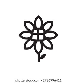 A simple black and white line art icon of a stylized flower. It features eight petals, a grid-like center, a stem, and a single leaf on a white background.