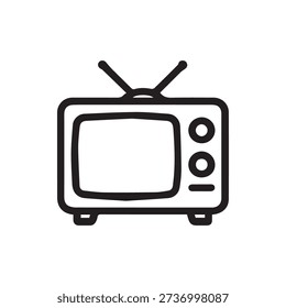 Simple black and white line art of a classic television. The icon features a retro design with rabbit ear antennas, perfect for media or tech symbols.