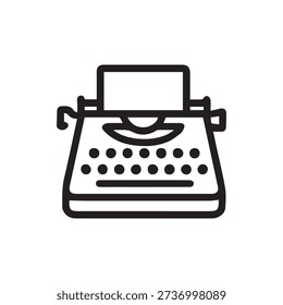 A simple black and white line art icon of a classic typewriter. This vector graphic is perfect for projects related to writing, journalism, or history.