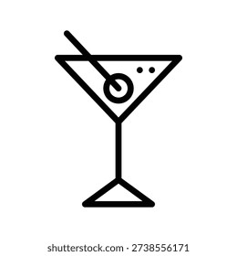 A simple black and white line art icon of a martini glass with an olive and a cocktail stirrer inside. Single Line Icon.