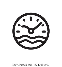 A simple black and white line art icon of a tide clock. This hand-drawn doodle shows the time and wavy water lines for nautical or weather concepts.