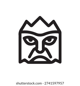 A simple black and white line art icon of a stylized, frowning face with a crown. This vector graphic is perfect for angry, villain, or monster themes.
