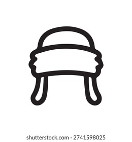 A simple black and white line art icon of a ushanka or trapper hat. This minimalist vector graphic represents cold weather headwear and winter clothing.