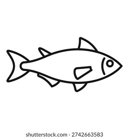 Simple black and white line art icon of a fish swimming right