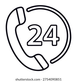 A simple black and white line art icon representing 24 hour customer service and support.