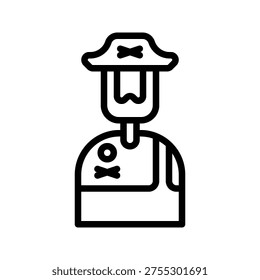 A simple black and white line art illustration of a pirate character, featuring a distinctive hat with an X mark and a stylized beard, perfect for icons or simple graphics.