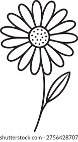 A simple black and white line art illustration of a single daisy flower with a solitary leaf illustration