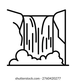 A simple black and white line art illustration depicts a majestic waterfall cascading over rugged rocks, with water splashing at the base.