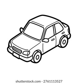 A simple black and white line art illustration of a generic sedan car from an isometric top-front-side perspective, suitable for coloring or basic graphic design.
