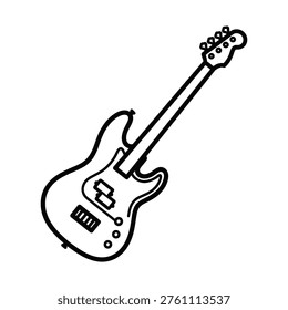 A simple black and white line art illustration of an electric guitar. The iconic musical instrument is depicted diagonally, showcasing its body, neck, headstock, and pickups in a clean, minimalist style.