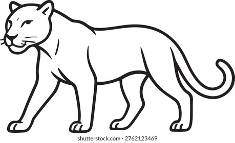 A simple black and white line art illustration of a powerful panther walking to the left side