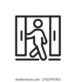 A simple black and white line art icon depicting a person walking through automatic sliding doors. A universal symbol for entry exit or passage.