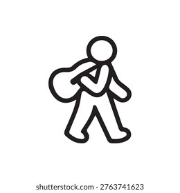 A simple black and white line art icon depicting a stylized human figure walking while carrying a large sack or bag over their shoulder. Minimalist design.