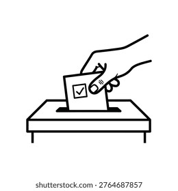 A simple black and white line art illustration showing a hand casting a vote into a ballot box Vector