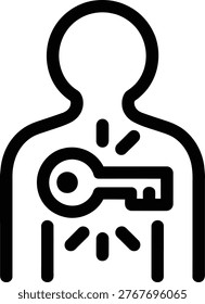 A simple black and white line art icon depicts a person's torso with a key inserted into the chest area. It symbolizes opening one's heart, trust, emotional connection, and vulnerability.