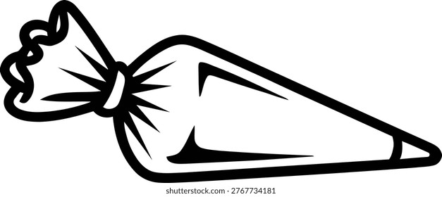 A simple black and white line art illustration of a pastry piping bag, commonly used for decorating cakes, cupcakes, and cookies in baking projects.