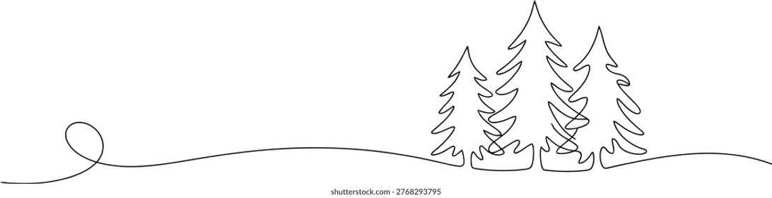 A simple black and white line art illustration depicts a forest scene with tall, slender trees and a curved path.