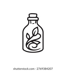 A simple black and white line art illustration of a corked bottle with a stylized leafy plant inside. Ideal for icons logos or designs related to natural products herbal medicine and organic cosmetics.