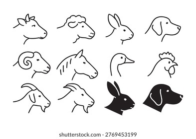 Simple black and white line art depicting the heads of common farm and domestic animals.