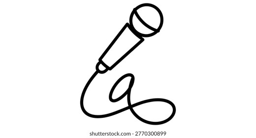 A simple black and white line art illustration showing a handheld vocal microphone with a long coiled power cord Vector, illustration