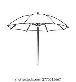 A simple black and white line art illustration of an open outdoor umbrella with a central pole, providing shade for sunny days or protection from rain.