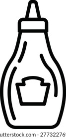 A simple black and white line art icon of a classic ketchup squeeze bottle, perfect for food menus, restaurant websites, and kitchen branding projects.