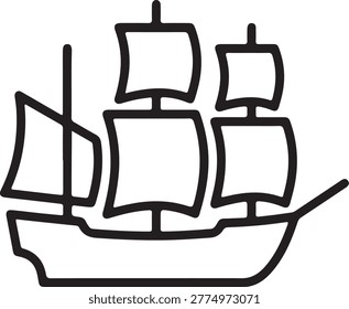A simple black and white line art illustration of a classic sailing ship with multiple masts and sails suitable for icons web design or educational materials