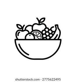 A simple black and white line art illustration depicts a bowl overflowing with various fruits, including apples, bananas, grapes, and citrus, promoting healthy eating.