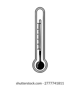 A simple black and white line art illustration of a classic glass thermometer with a visible mercury column and measurement scale.