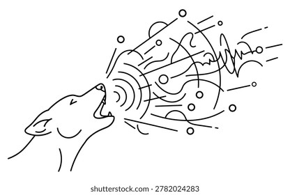 A simple black and white line art illustration featuring a wolf in the middle of a howl. The drawing includes stylized sound waves and abstract geometric patterns flowing from the wolf, creating a sense of vocal power and natural energy.