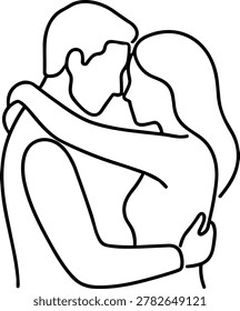A simple black and white line art illustration depicting a man and woman sharing an intimate embrace with their faces close together.