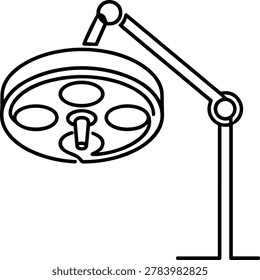 A simple black and white line art vector icon depicting a medical surgical lamp on an adjustable stand for hospital use.