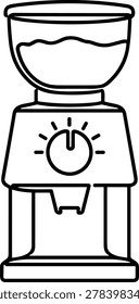 A simple black and white line art vector illustration of a countertop coffee bean grinder with a hopper and dial