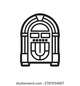A simple black and white line art illustration of a vintage jukebox, iconic for its classic design and music playing capabilities.