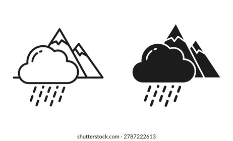 Simple black and white line art illustration of two mountain peaks with clouds and rain symbols above them.