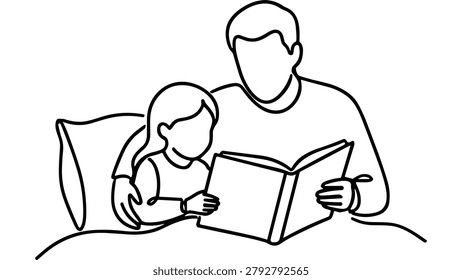 A simple black and white line art illustration showing a father figure reading an open book to a young child while sitting in bed together