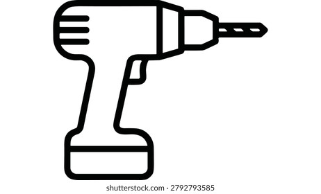 A simple black and white line art vector icon depicting a handheld cordless electric drill with a bit attached representing tools and DIY home improvement.